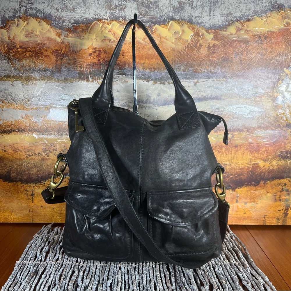 Fossil Long Live Vintage Black Leather Crossbody Tote Bag Brass Key Charm
